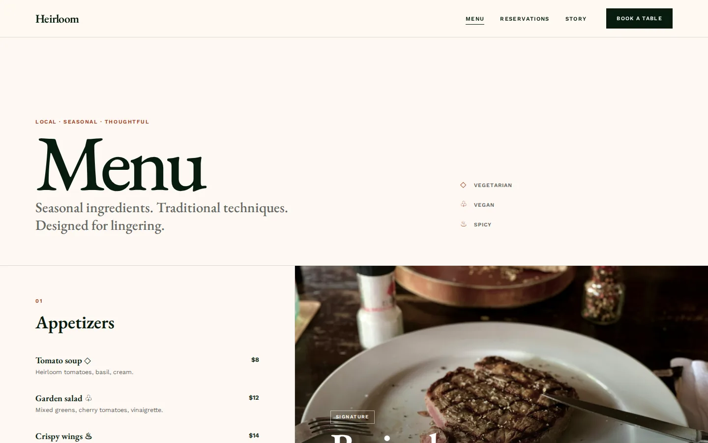 Heirloom restaurant menu template on desktop