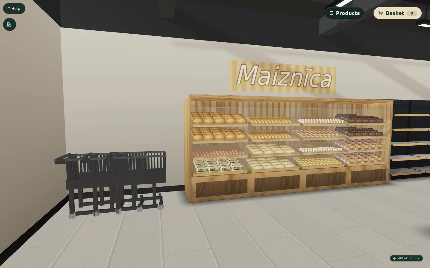 3D visualization of a bakery counter and shopping trolleys