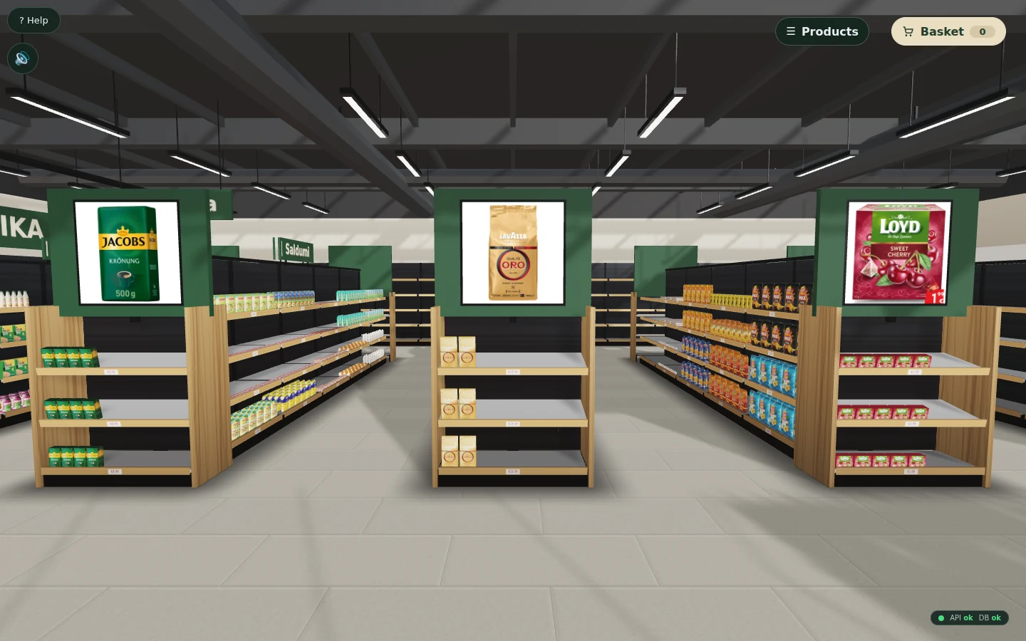 3D visualization of shop aisles with coffee and tea shelves under ceiling lights