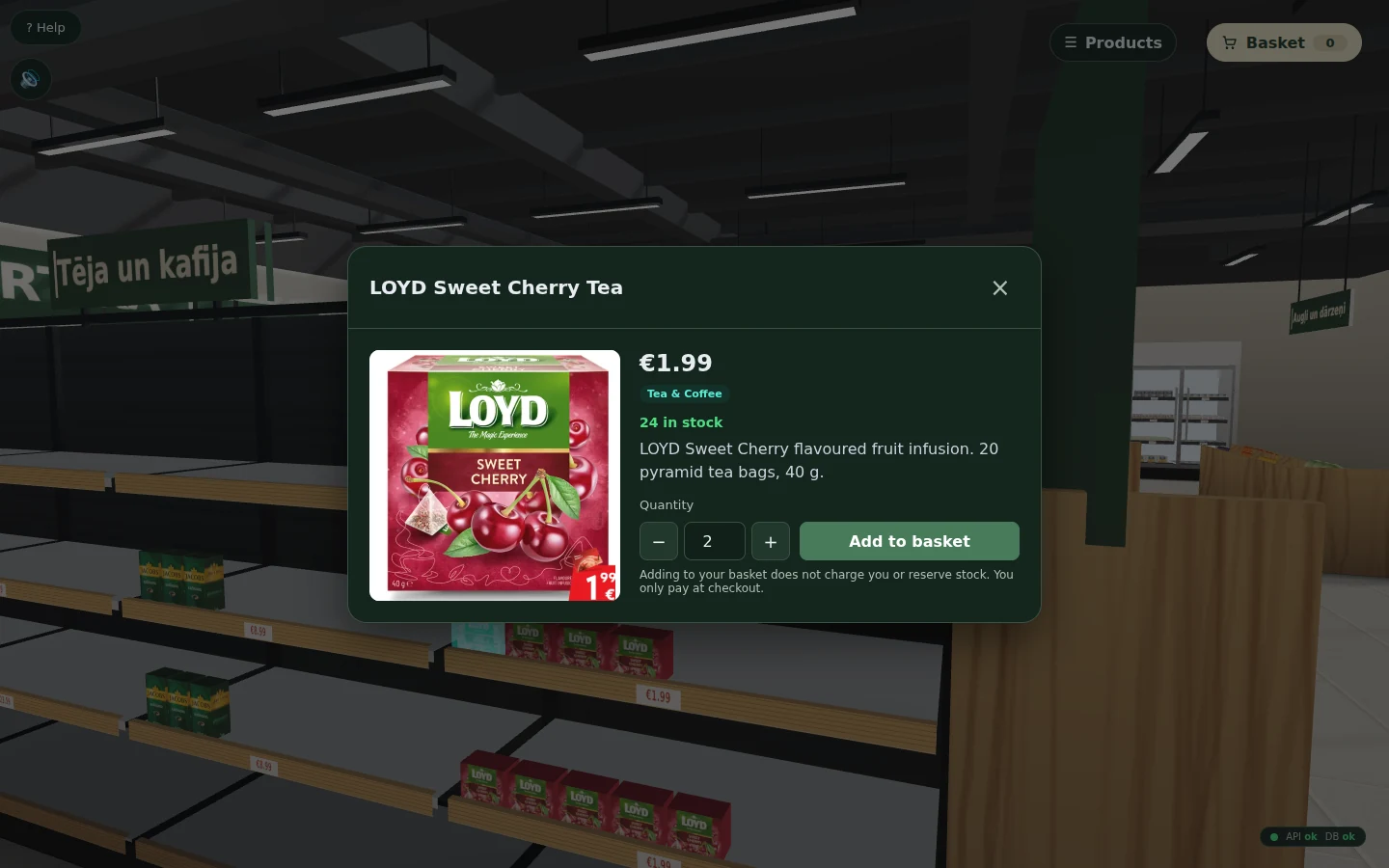 Interactive 3D scene with a product panel showing price, stock and quantity