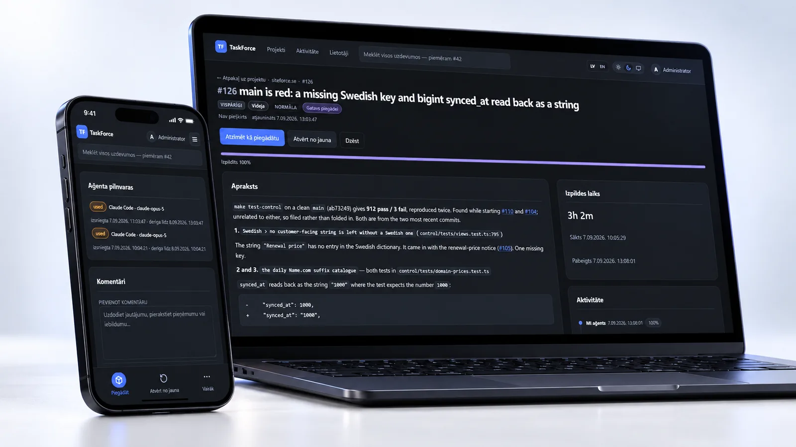 TaskForce task detail in dark mode on a laptop, with description, execution time and activity, next to a phone showing agent credentials and comments