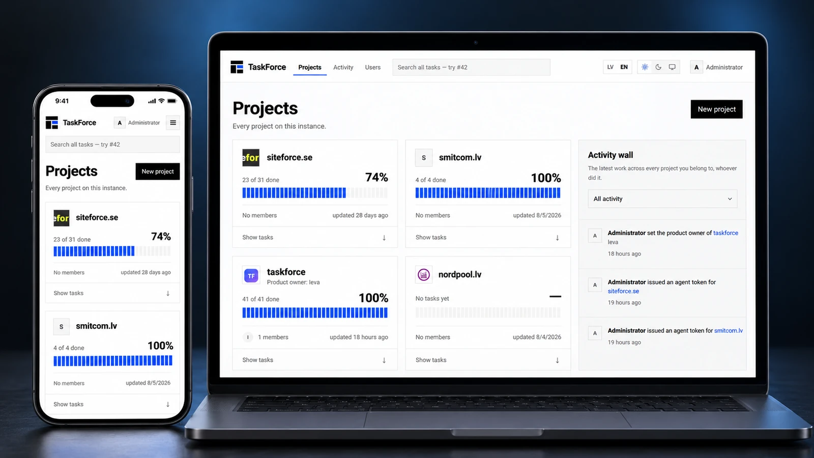 TaskForce projects dashboard in English on a laptop and phone